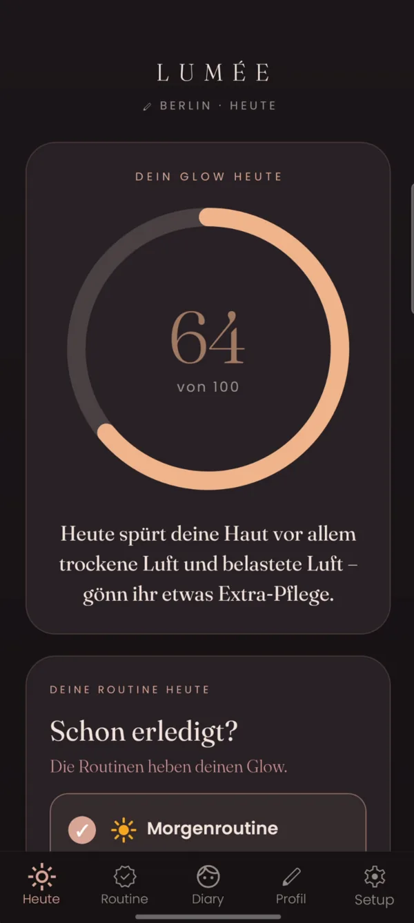 Glow Score 64 von 100 mit Hinweis zu trockener und belasteter Luft