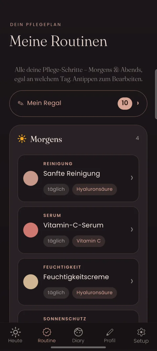 Pflegeplan „Meine Routinen“ mit Produkten am Morgen