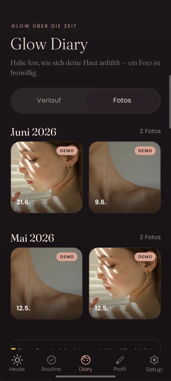 Glow Diary mit Fotos im Verlauf