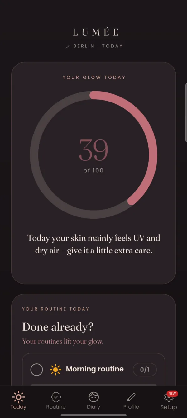 Écran d'accueil de Lumée avec un Glow Score de 64 sur 100