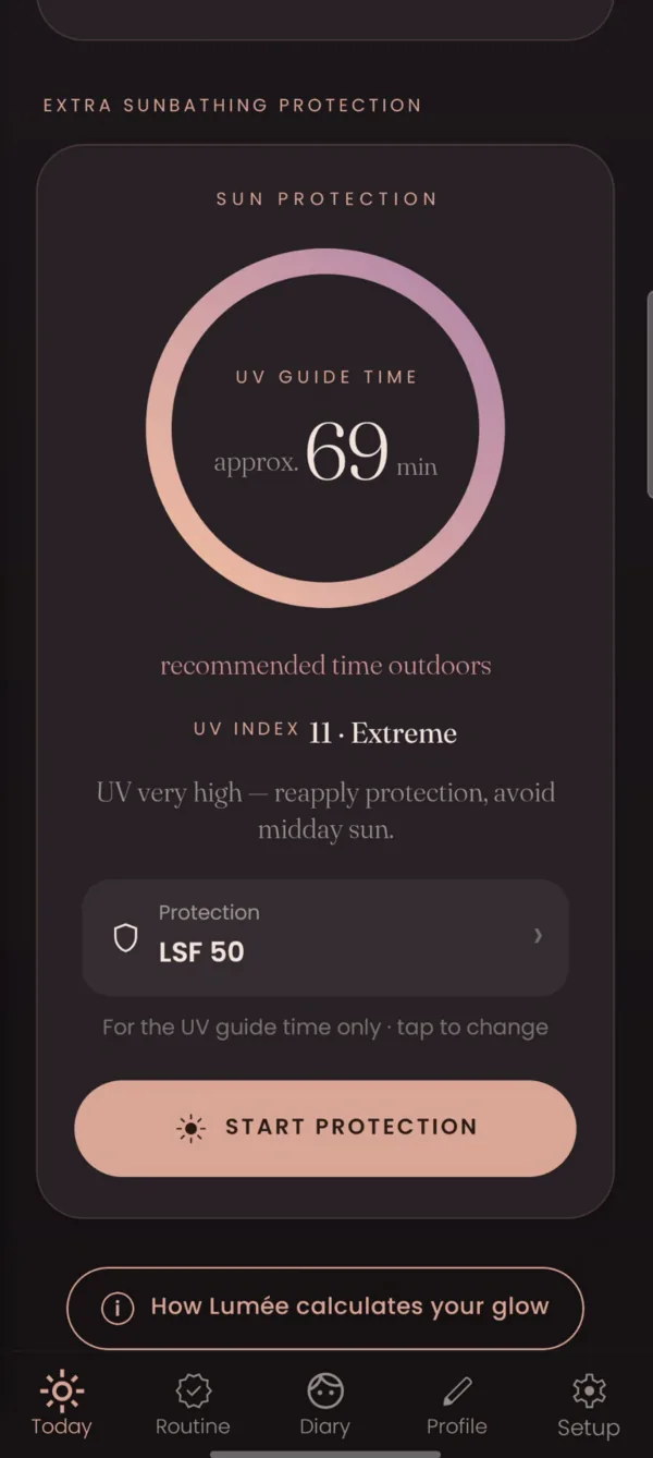 Protection solaire avec un temps indicatif UV d'environ 69 minutes