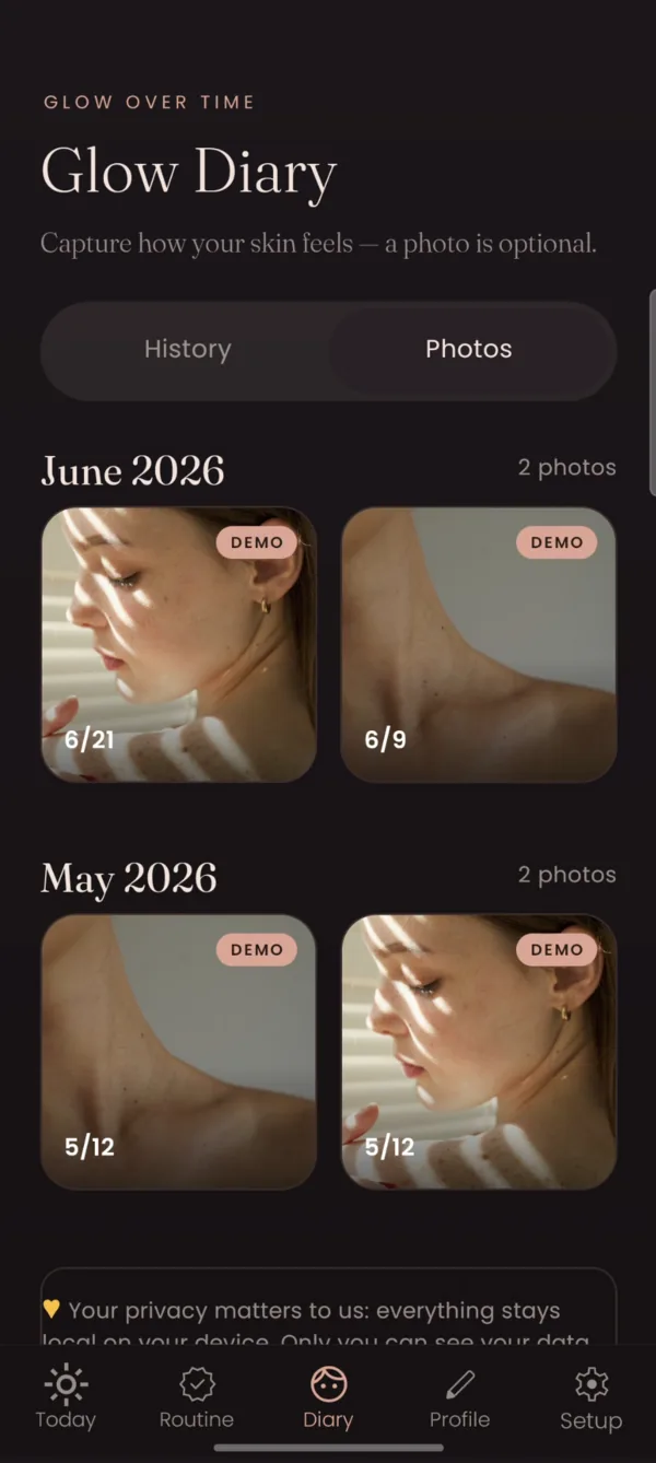 Glow Diary avec des photos au fil du temps